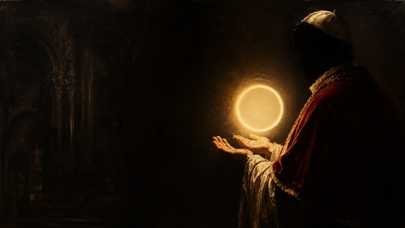 Caravaggio-style oil painting: a robed papal figure in shadow holds a glowing halo of light in cupped hands